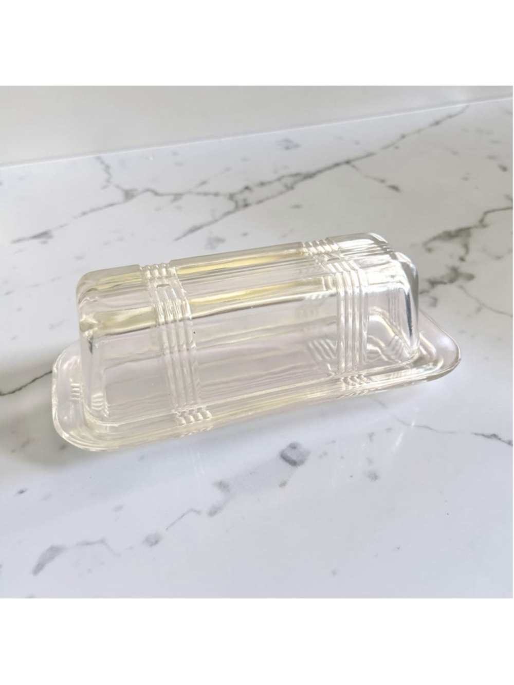 Vintage Depression Glass Butter Dish w/ Lid Clear Art Deco Block Pattern Rectang